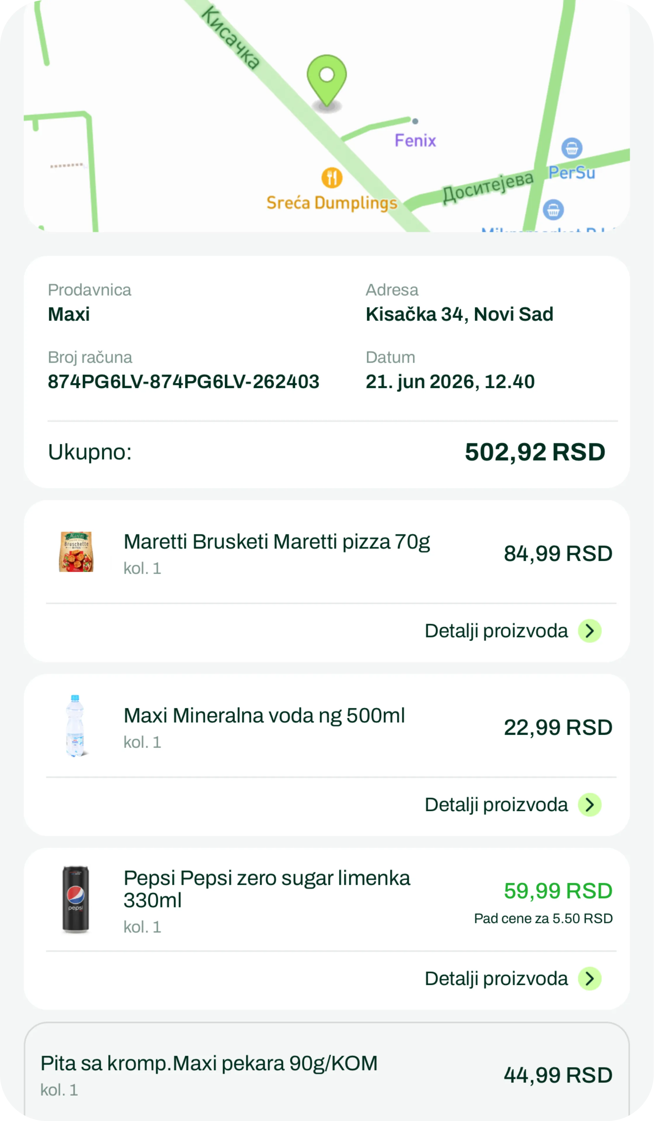 Prikaz detaljnog pregleda računa u Štednjak aplikaciji