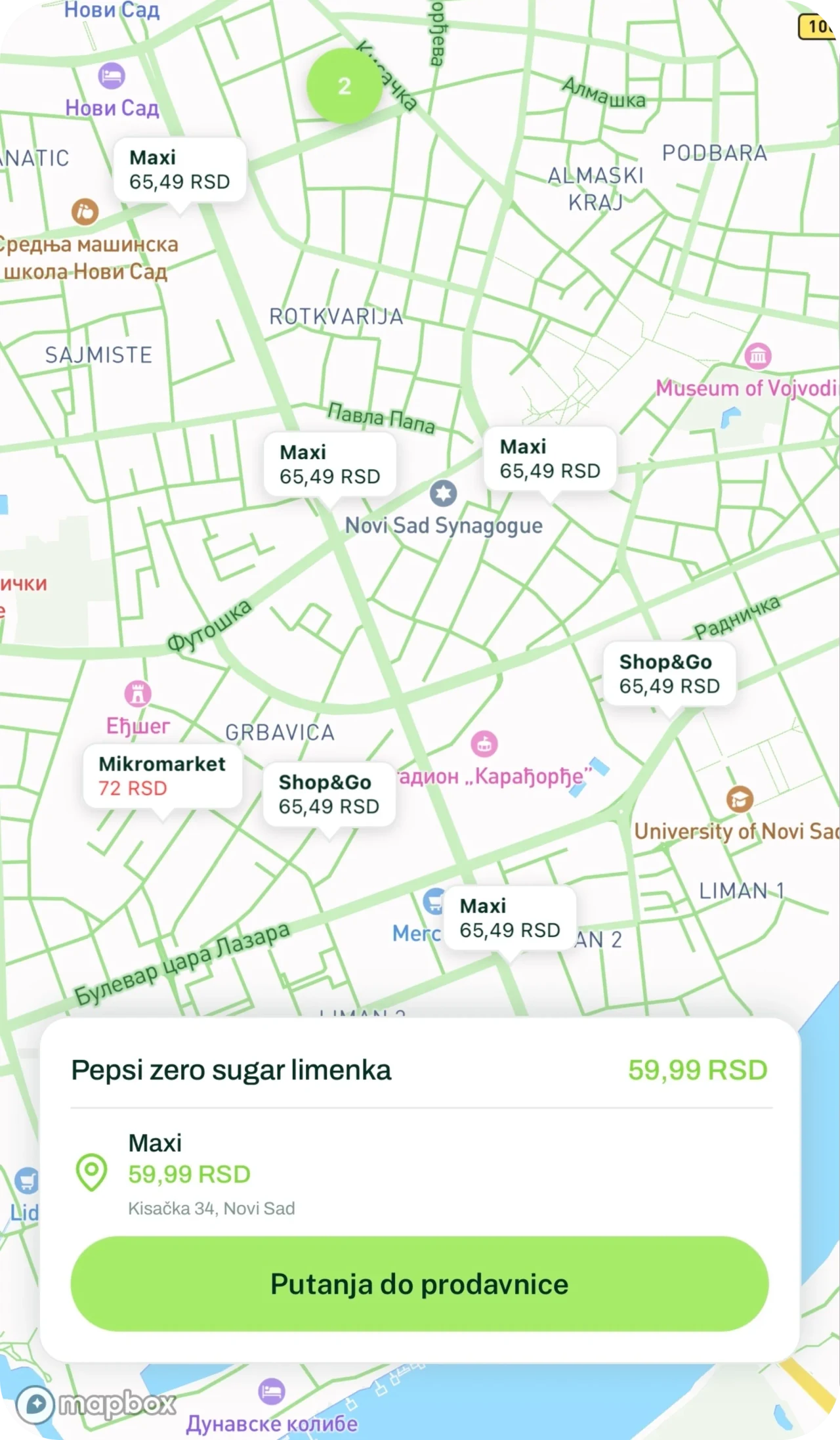 Prikaz mape sa cenama u okolini u Štednjak aplikaciji